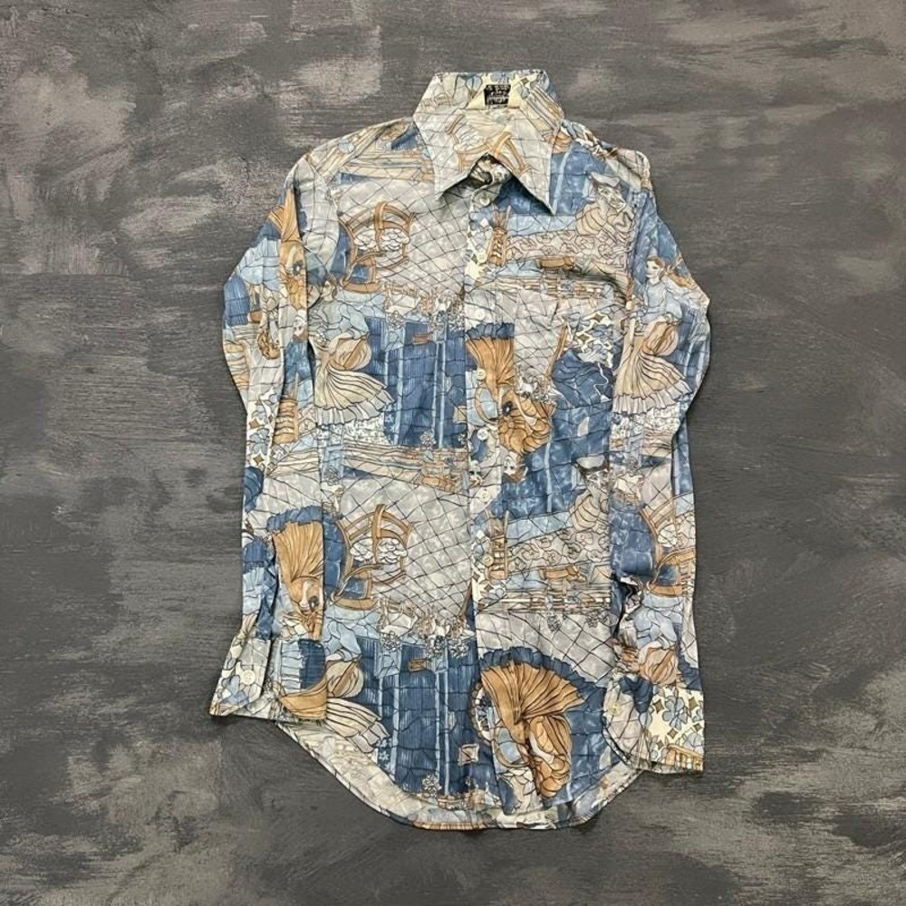 Vintage Gold Crest Darby Shirt Mens Small Blue 1970s‎ Long Sleeve